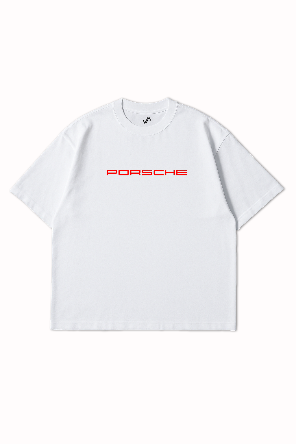 White oversized t-shirt with red Porsche logo on front – 240 GSM cotton