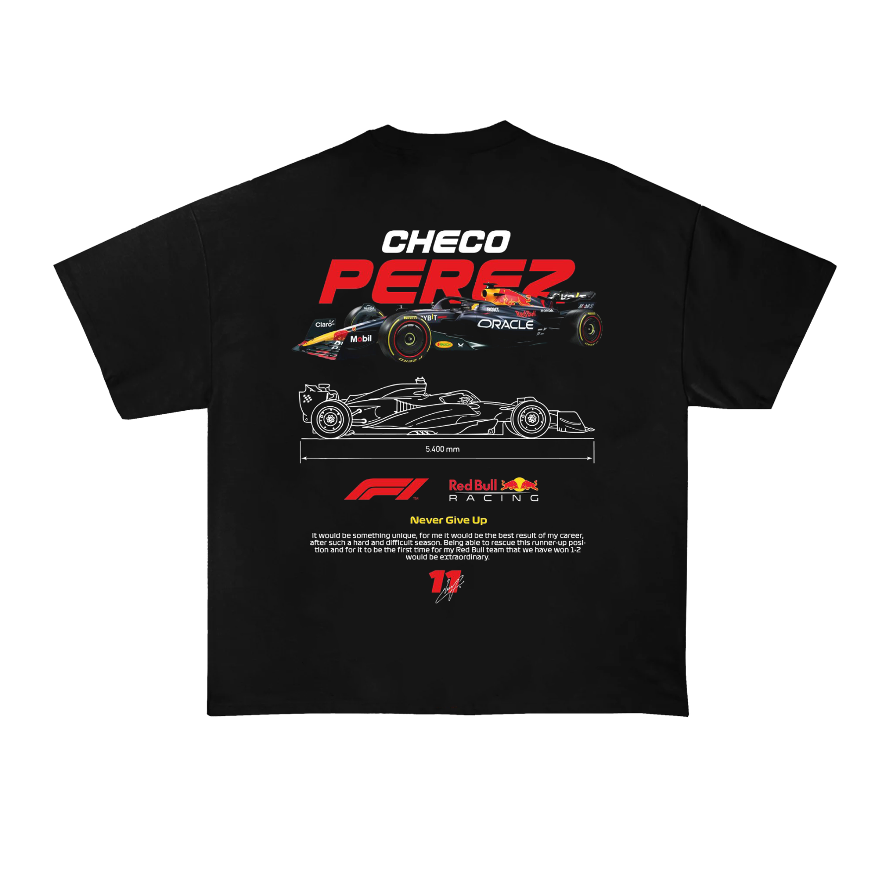 Checo Pérez Red Bull Racing t-shirt back view with RB19 car design, technical layout, and motivational quote