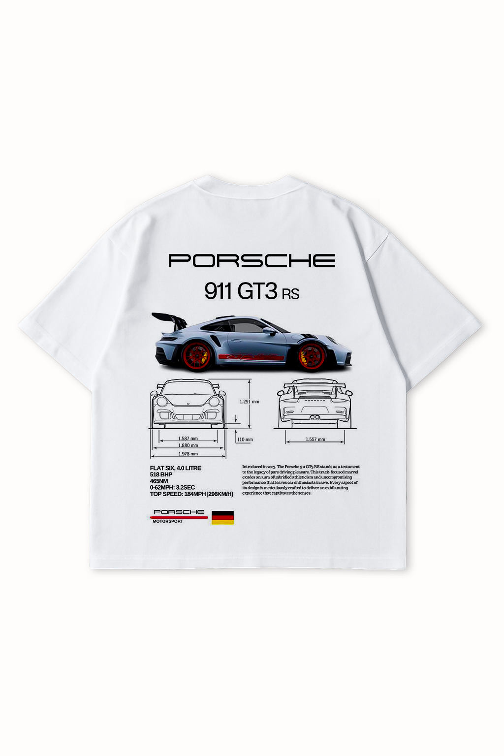 Back view of Porsche GT3 RS oversized t-shirt with car graphic and technical specifications print