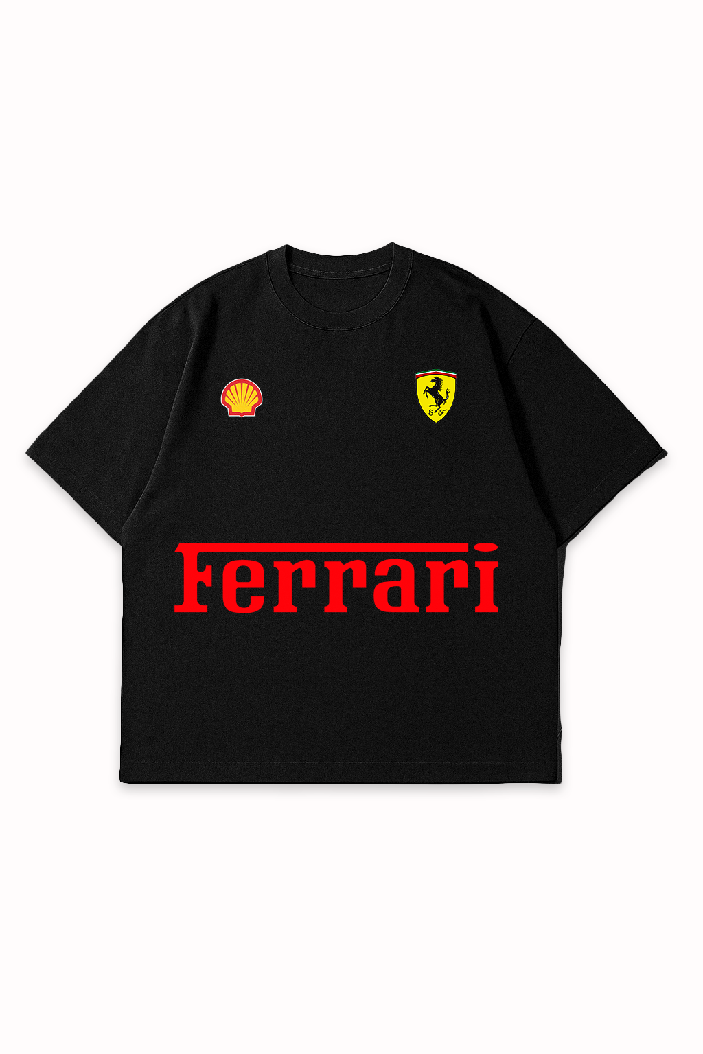 Black oversized Ferrari F1 t-shirt with red Ferrari logo, yellow Ferrari shield and Shell sponsor badge – 240 GSM cotton