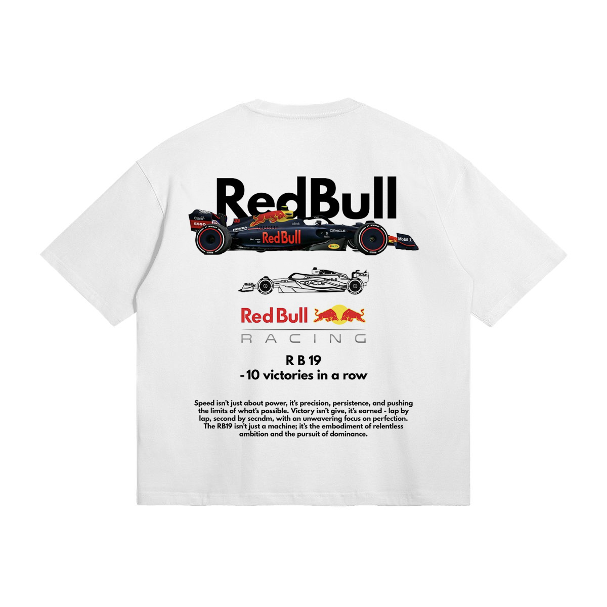Back view of Red Bull Racing RB19 t-shirt with Formula 1 car graphic and race stats print