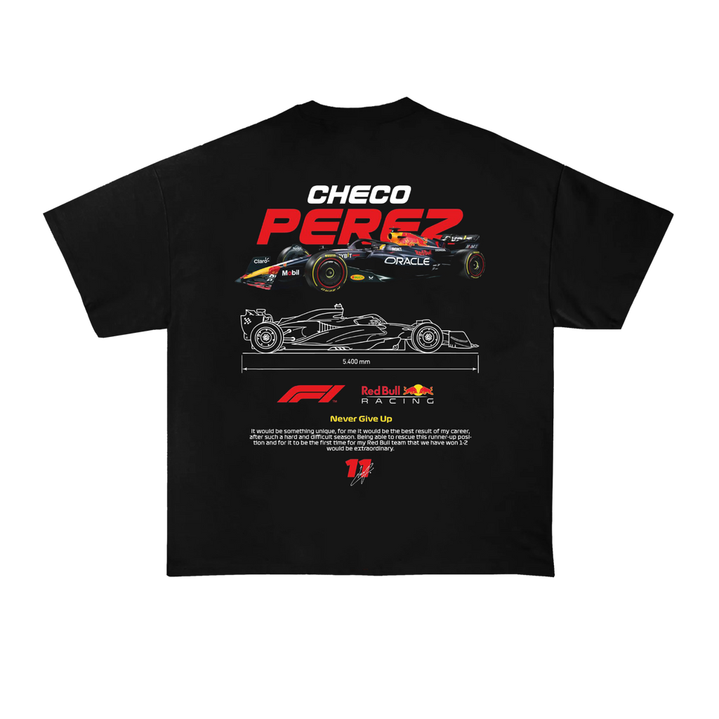 Checo Pérez Red Bull Racing t-shirt back view with RB19 car design, technical layout, and motivational quote