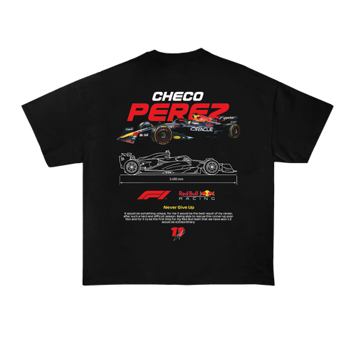 Checo Pérez Red Bull Racing t-shirt back view with RB19 car design, technical layout, and motivational quote
