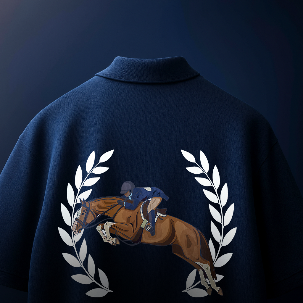 Navy polo shirt with horse and rider graphic
