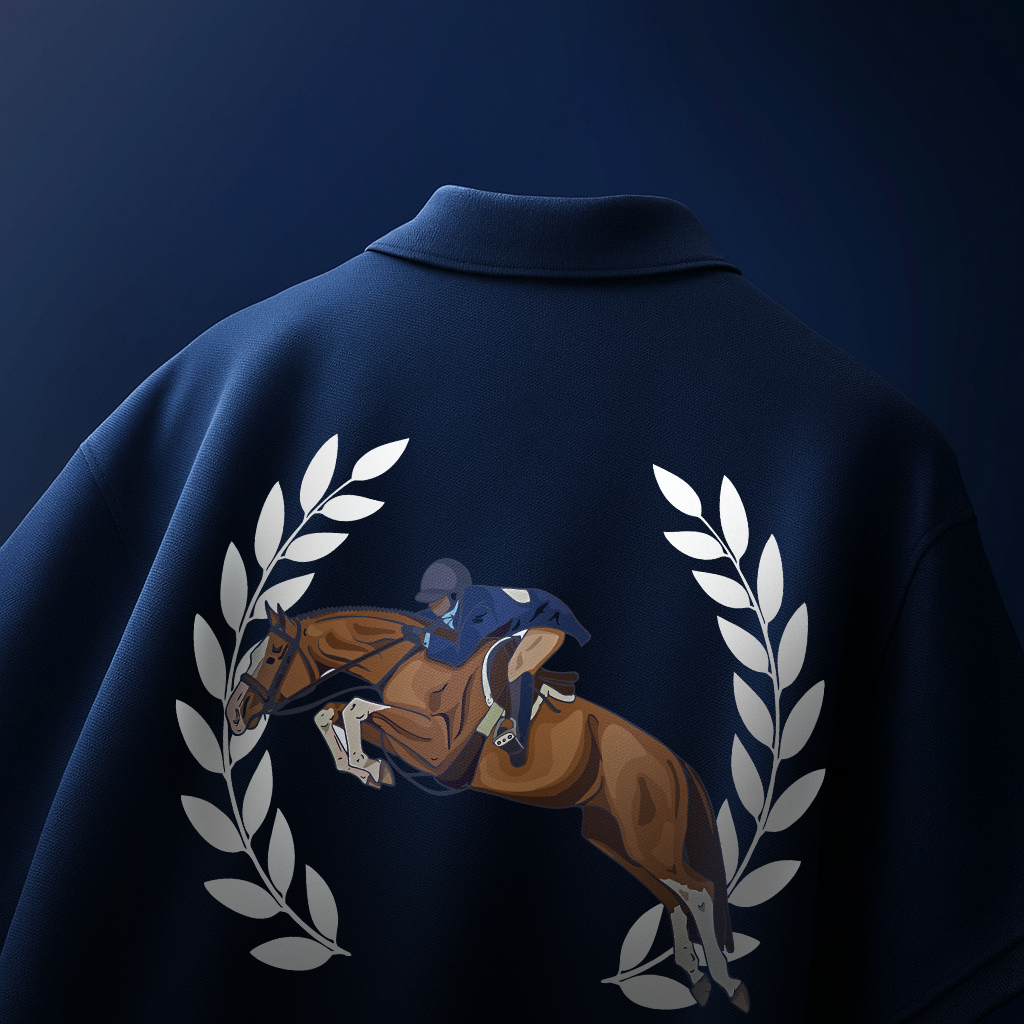 Navy polo shirt with horse and rider graphic