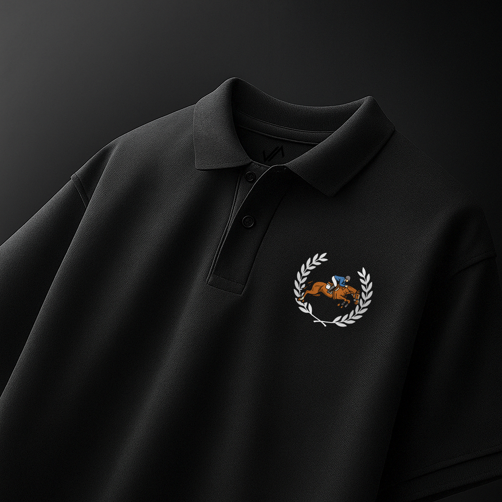 Front chest graphic on black Equestrian Crest Polo T-shirt