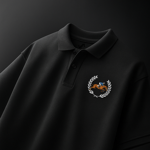 Front chest graphic on black Equestrian Crest Polo T-shirt