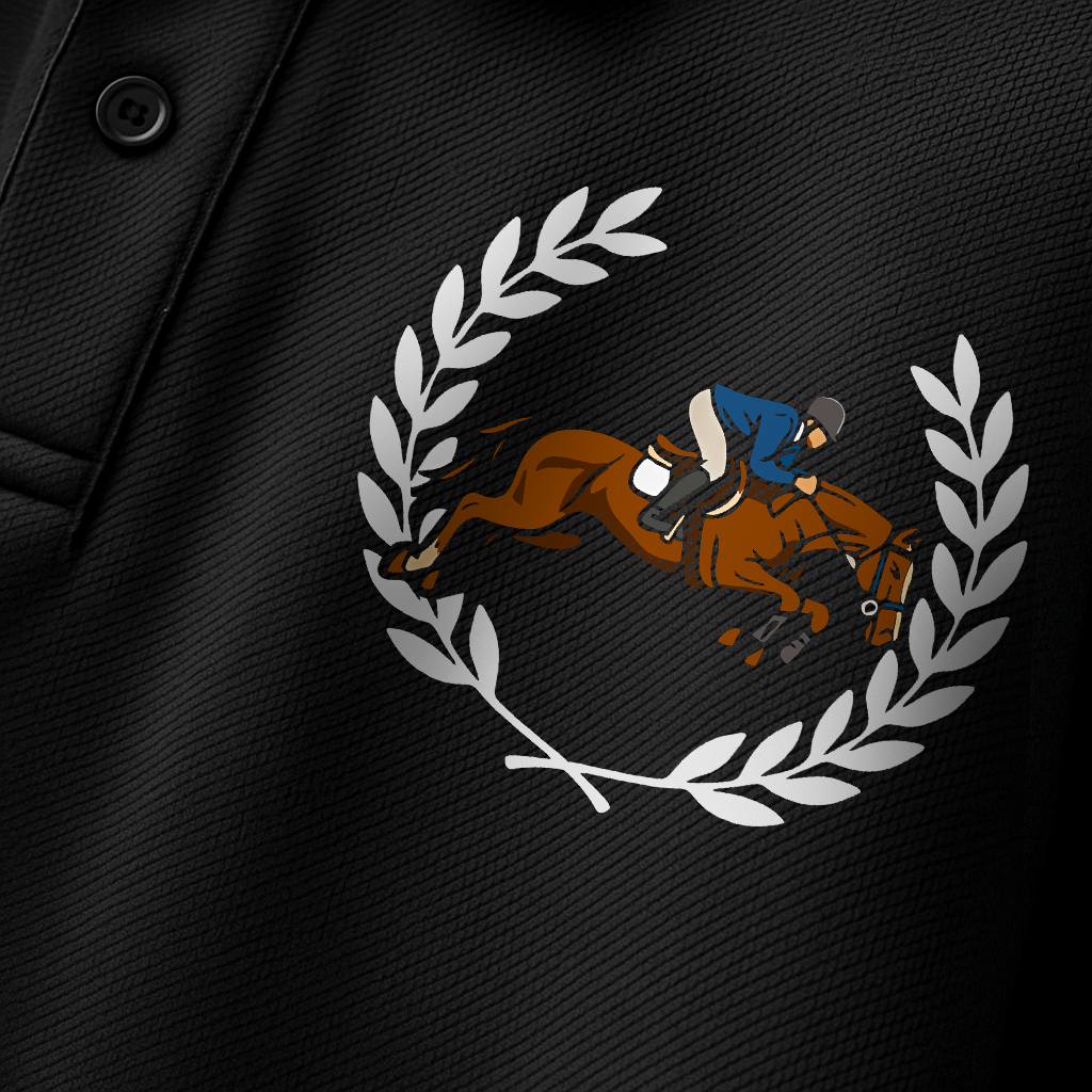 Detailed horse and rider graphic on royal black polo tee