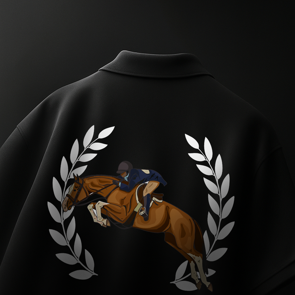 Premium unisex black polo with laurel crest and horse rider artwork