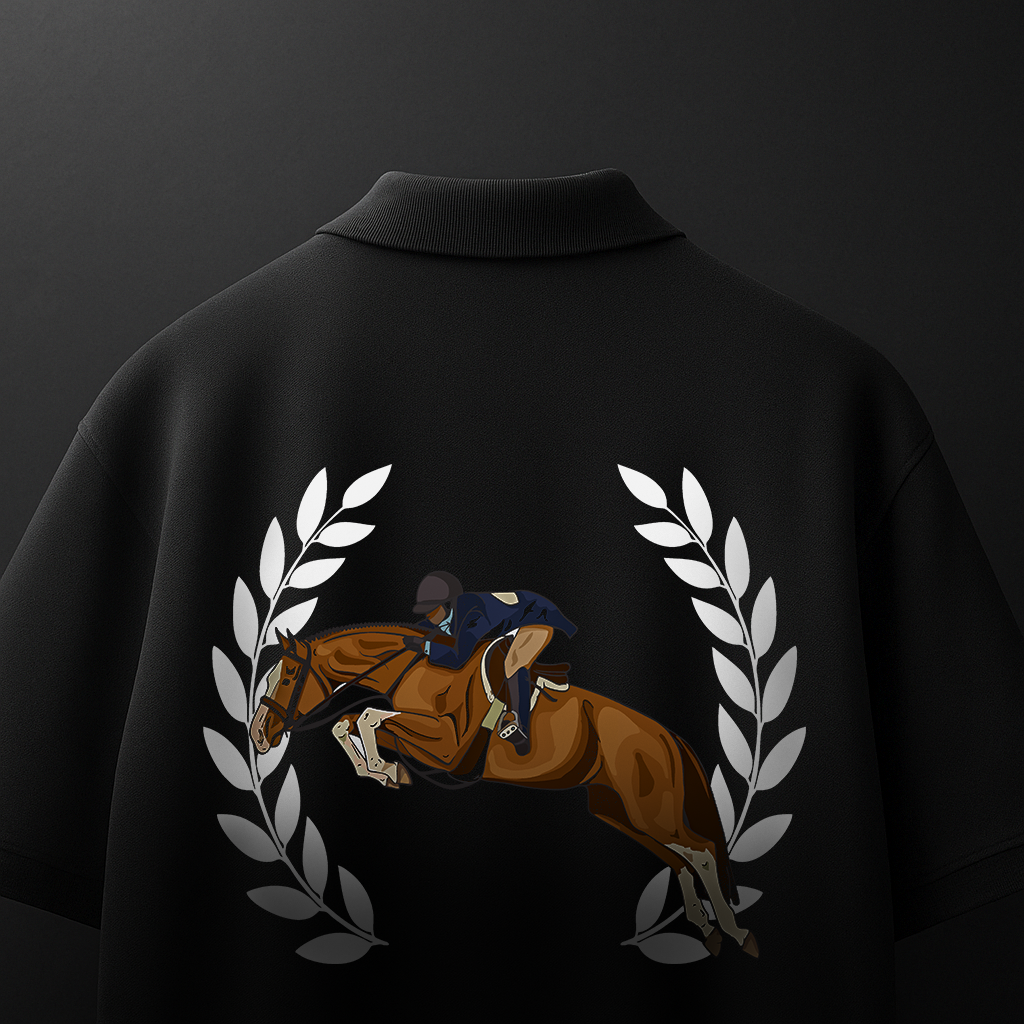 Back view of Blue Polo with horse rider crest design